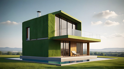 Grünes Haus mit Pool in der Natur